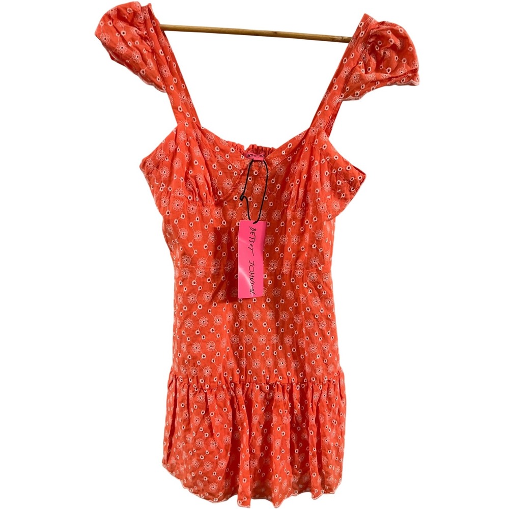 Betsey Johnson Dress Womens Medium Orange Eyelet Floral Mini NWT